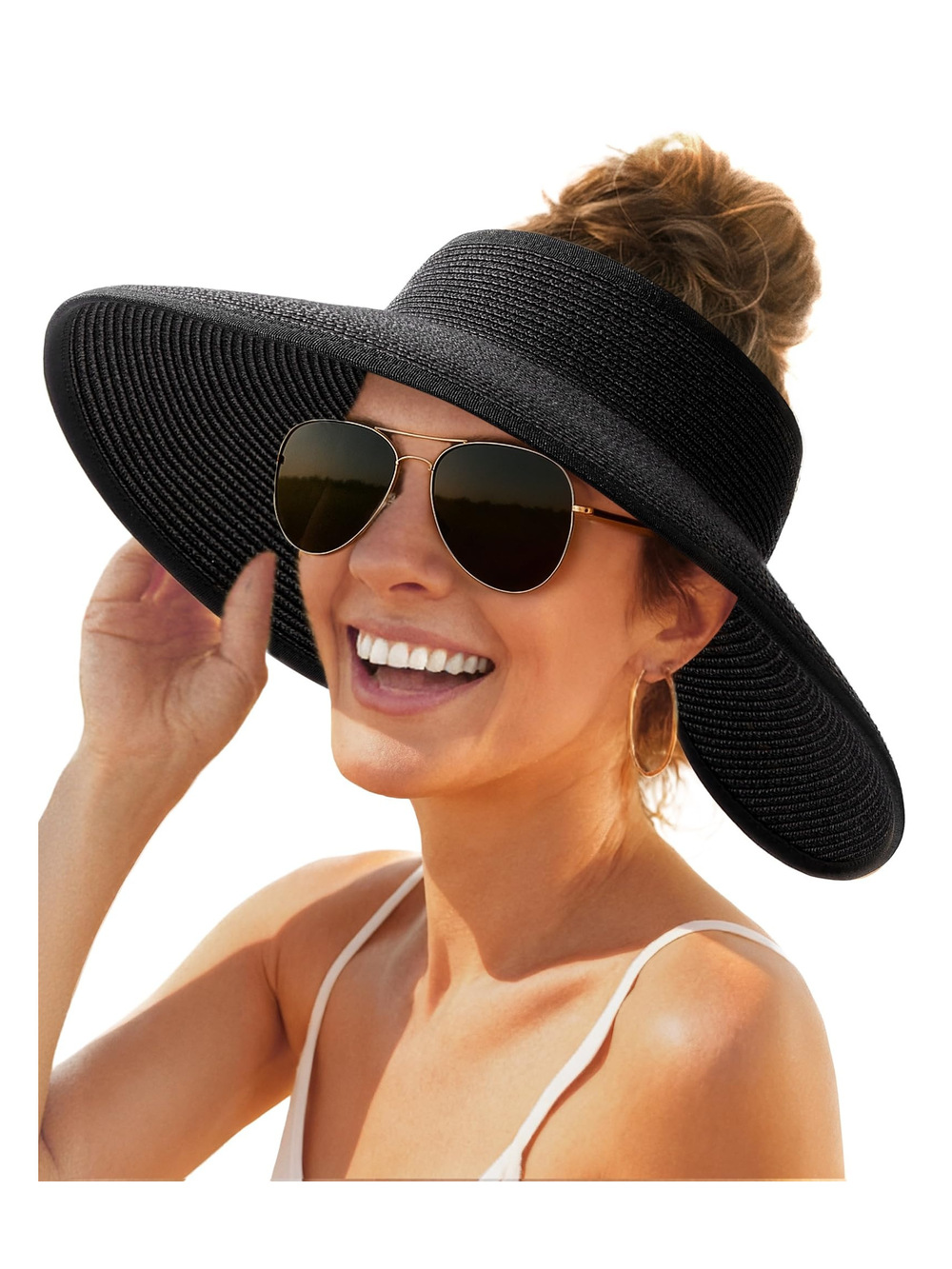 Womens Sun Hat with Ponytail Hole Wide Brim Beach Straw Visor | Black | Size M